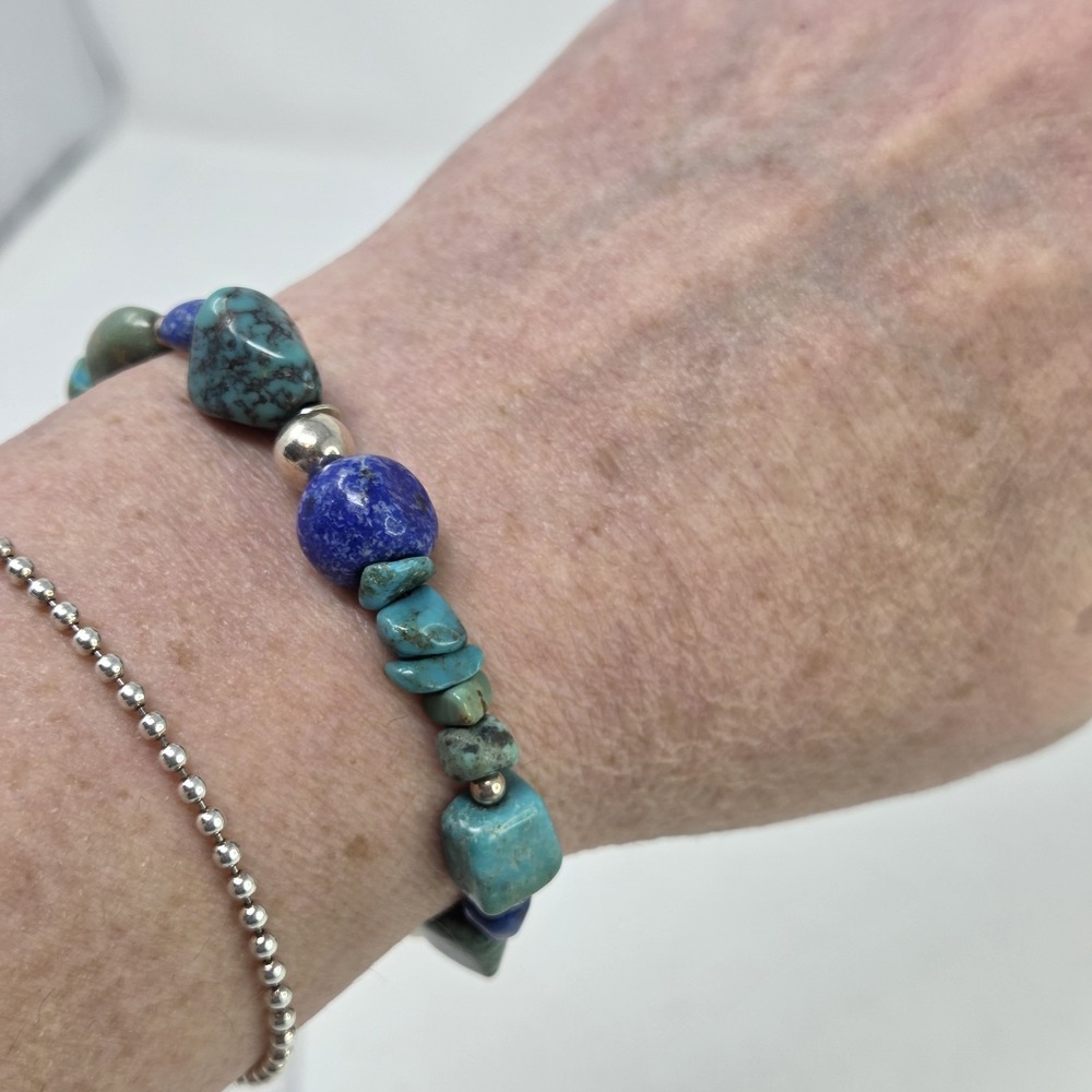 Shube Dakota West Chunky Turquoise Lapis Lazuli Sterling Silver Stretch Bracelet - Picture 5 of 8